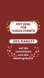 💥 Bock auf einen Hot Deal für Coole Events?

👀 Planst du ein Meeting oder ein Event?
🙌 Dann ist jetzt die perfekte Gelegenheit!

🤝Buche unsere top ausgestatteten Meeting- und Eventräume mit satten 20% Rabatt!

😎Wir bieten Dir:

👉Moderne Ausstattung & Technik
👉Stilvolle & klimatisierte Räume
👉Rundum-Sorglos-Angebote mit Getränken, Catering, Arbeitsmaterialien und Co.

📊 Egal ob Business-Meeting, Workshop oder größere Veranstaltung – Wir haben den idealen Raum für dich!

📅 Das Angebot gilt ab sofort für Buchungen im Zeitraum 07.10-19.10.24. Gib dafür einfach den Code “Der Herbst wird bunt” bei deiner Anfrage an!

🔗 Den Link zur Buchungswebsite findest du in der Bio!

#MeetingSpaces #EventLocations #FerienRabatt #BusinessEvents #EventPlanning #Sonderangebot #JetztBuchen